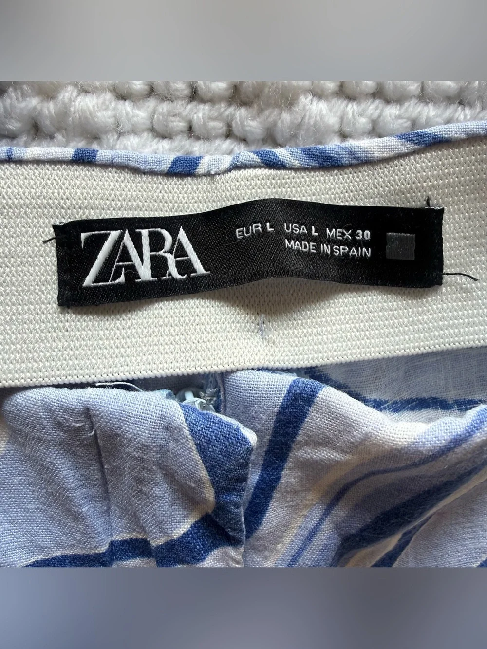 Zara Blue White Swirl Linen Blend Split Hem Flare Pants Retro 70s Psychedelic L